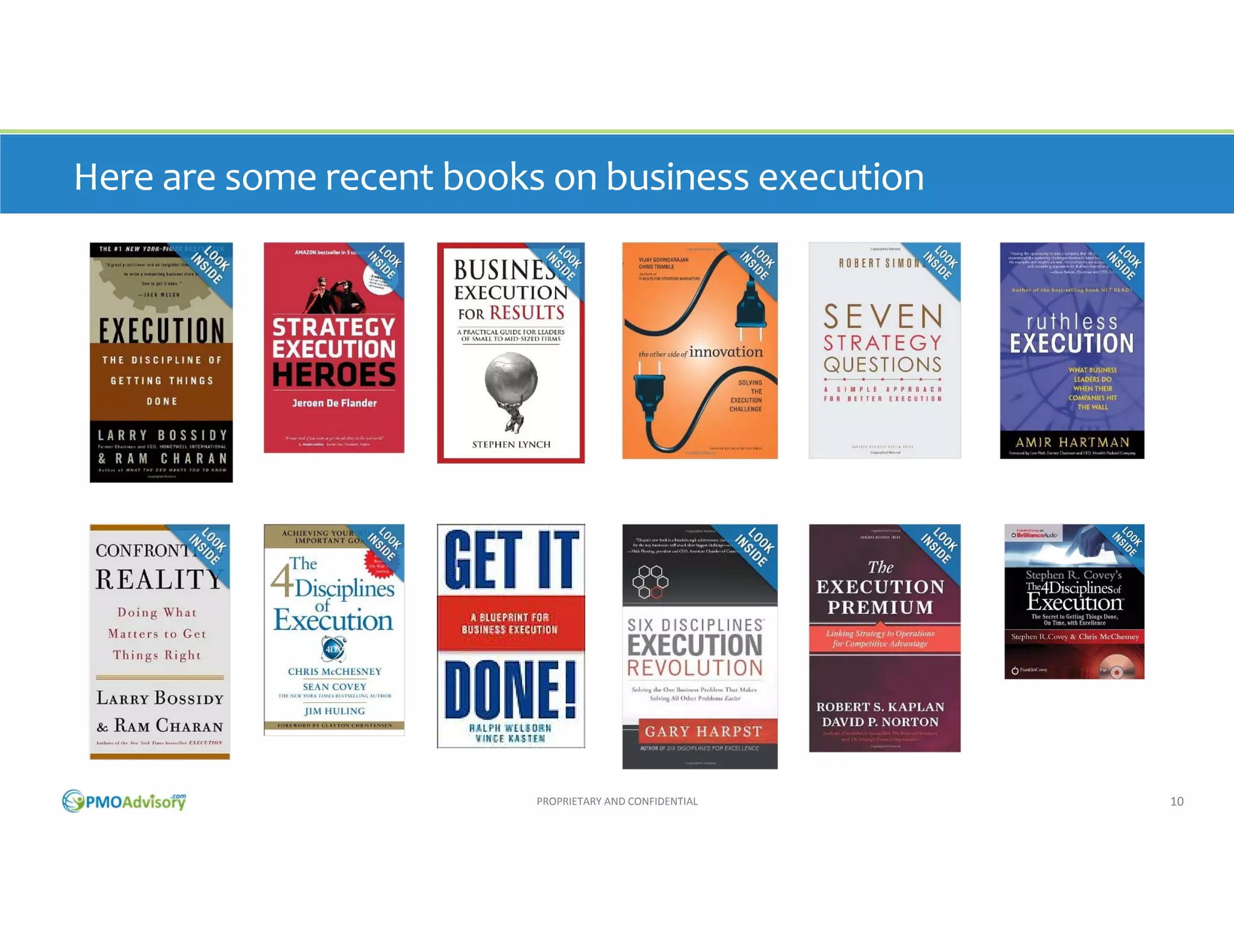 Here are some recent books on business execution

PROPRIETARY AND CONFIDENTIAL

10

 