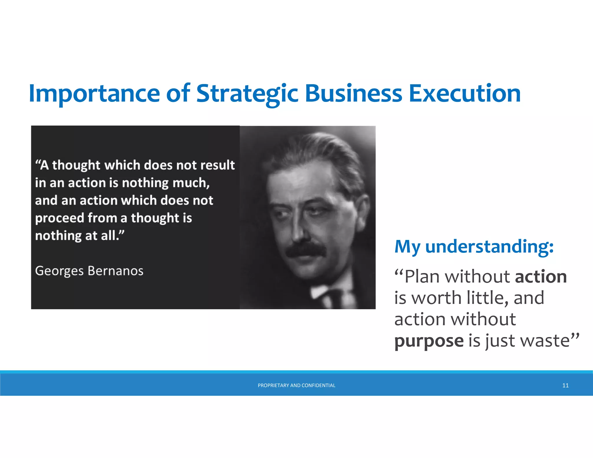 Importance of Strategic Business Execution

My understanding:
“Plan without action is 
worth little, and action 
without purpose is just 
waste.”
PROPRIETARY AND CONFIDENTIAL

11

 
