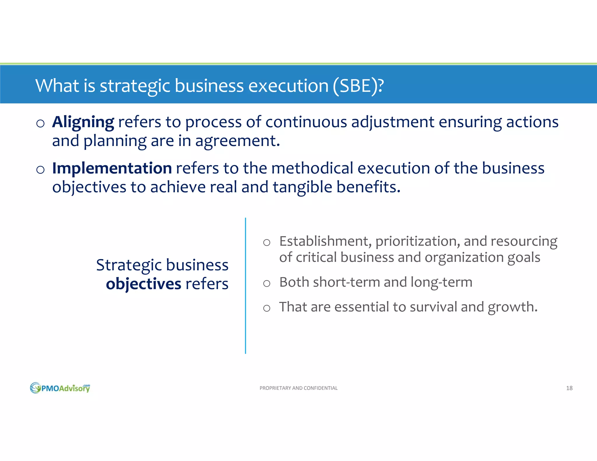 What is strategic business execution (SBE)?
o Aligning refers to the process of continuous adjustment ensuring 
actions and planning are in agreement.
o Implementation refers to the methodical execution of the business 
objectives to achieve real and tangible benefits.

Strategic business 
objectives refers 

o Establishment, prioritization, and resourcing 
of critical business and organization goals
o Both short‐term and long‐term
o That are essential to survival and growth. 

PROPRIETARY AND CONFIDENTIAL

18

 