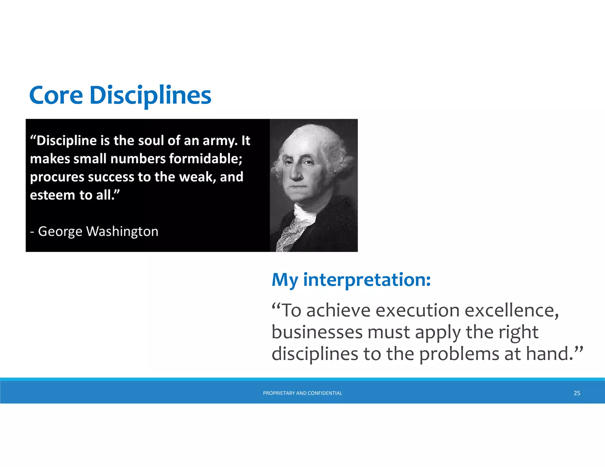 Core Disciplines

My interpretation:
“To achieve execution excellence, 
businesses must apply the right 
disciplines to the problems at hand.”
PROPRIETARY AND CONFIDENTIAL

25

 