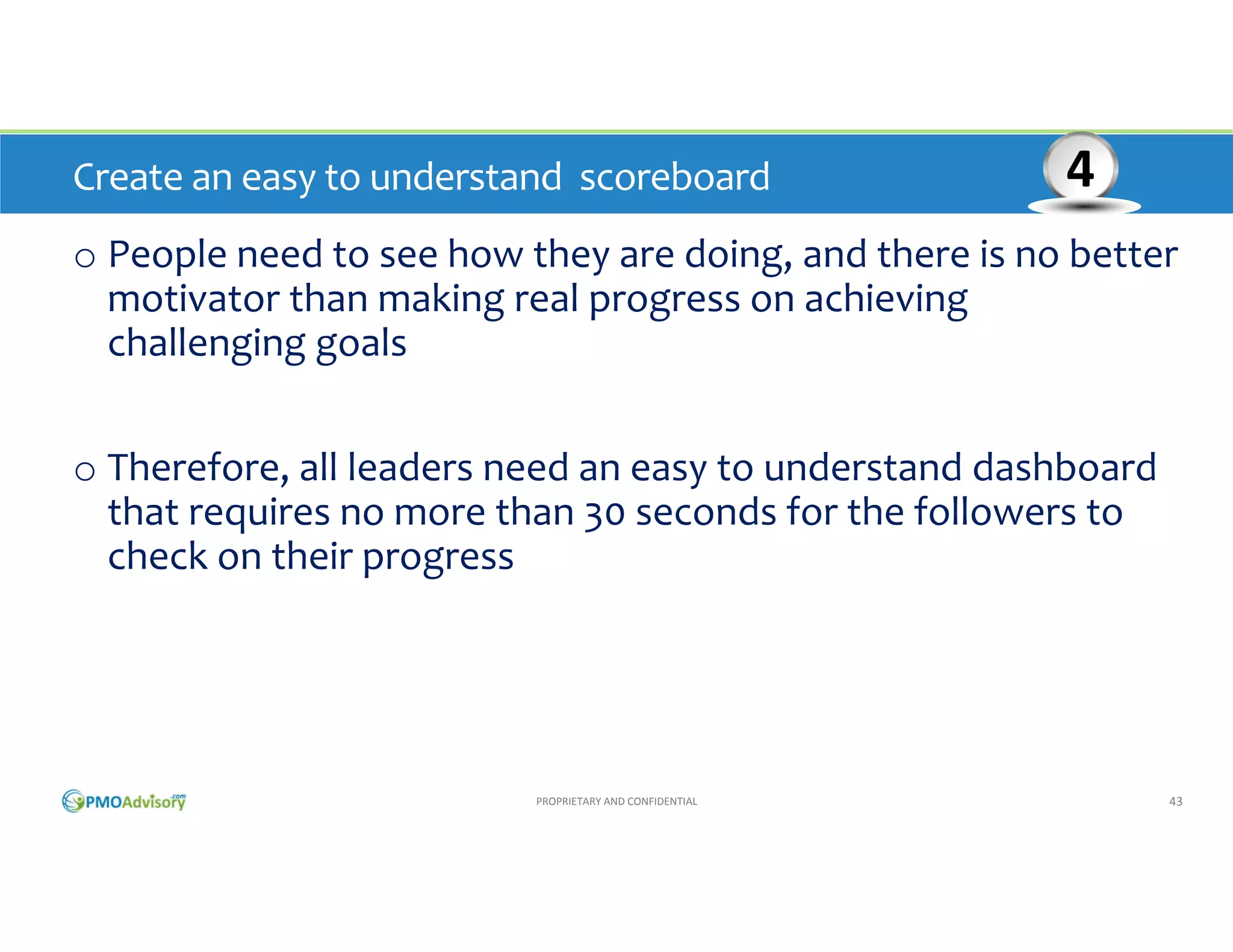 Create an easy to understand  scoreboard

4

o People need to see how they are doing, and there is no better 
motivator than making real progress on achieving  
challenging goals
o Therefore, all leaders need an easy to understand dashboard 
that requires no more than 30 seconds for the followers to 
check on their progress

PROPRIETARY AND CONFIDENTIAL

43

 