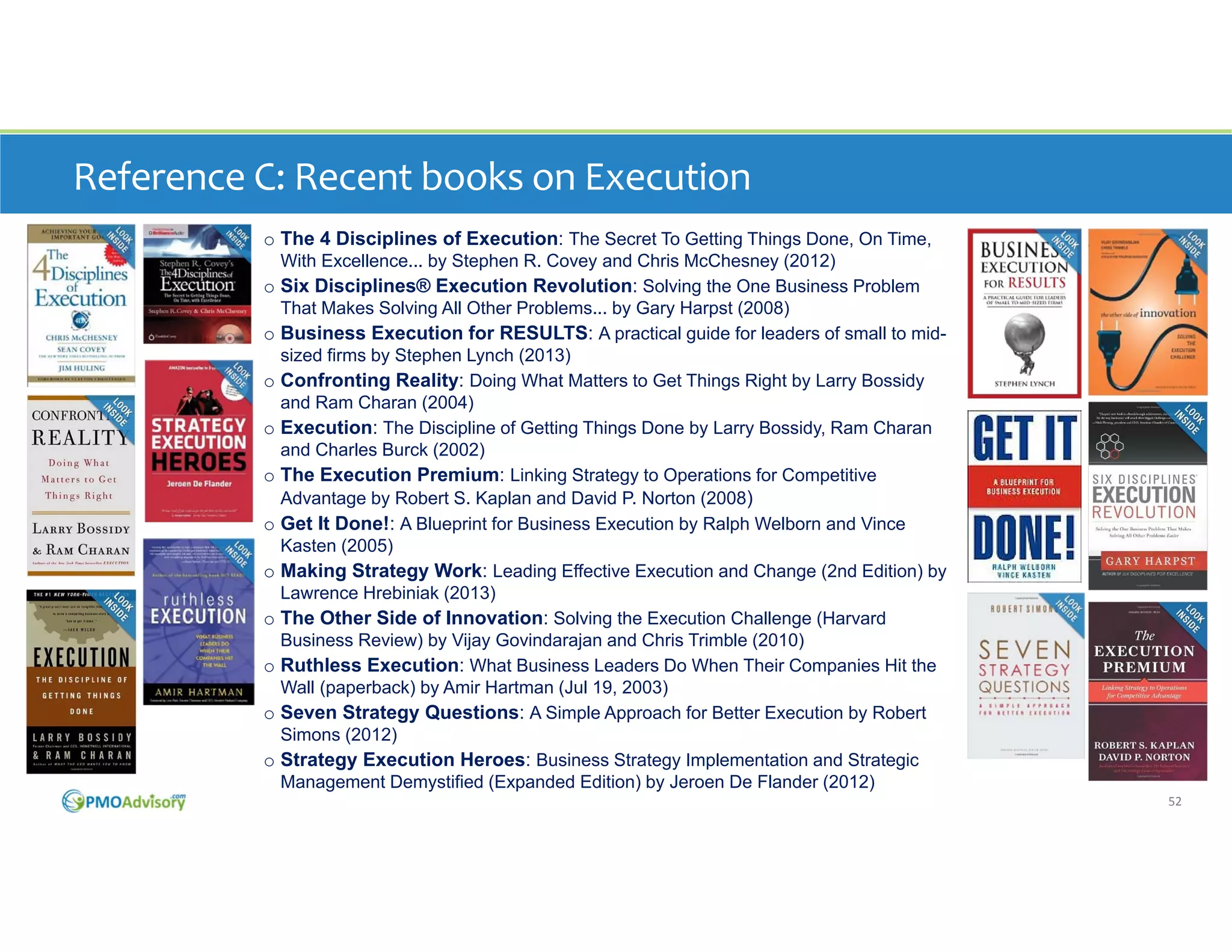 Reference C: Recent books on Execution
o The 4 Disciplines of Execution: The Secret To Getting Things Done, On Time,
o
o
o
o
o
o
o
o
o
o
o

With Excellence... by Stephen R. Covey and Chris McChesney (2012)
Six Disciplines® Execution Revolution: Solving the One Business Problem
That Makes Solving All Other Problems... by Gary Harpst (2008)
Business Execution for RESULTS: A practical guide for leaders of small to midsized firms by Stephen Lynch (2013)
Confronting Reality: Doing What Matters to Get Things Right by Larry Bossidy
and Ram Charan (2004)
Execution: The Discipline of Getting Things Done by Larry Bossidy, Ram Charan
and Charles Burck (2002)
The Execution Premium: Linking Strategy to Operations for Competitive
Advantage by Robert S. Kaplan and David P. Norton (2008)
Get It Done!: A Blueprint for Business Execution by Ralph Welborn and Vince
Kasten (2005)
Making Strategy Work: Leading Effective Execution and Change (2nd Edition) by
Lawrence Hrebiniak (2013)
The Other Side of Innovation: Solving the Execution Challenge (Harvard
Business Review) by Vijay Govindarajan and Chris Trimble (2010)
Ruthless Execution: What Business Leaders Do When Their Companies Hit the
Wall (paperback) by Amir Hartman (Jul 19, 2003)
Seven Strategy Questions: A Simple Approach for Better Execution by Robert
Simons (2012)
Strategy Execution Heroes: Business Strategy Implementation and Strategic
Management Demystified (Expanded Edition) by Jeroen De Flander (2012)
52

 
