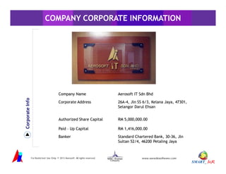 AOUT US
COMPANY CORPORATE INFORMATION

Corporate Info

Company Name

Aerosoft IT Sdn Bhd

Corporate Address

26A26A-4, Jln SS 6/3, Kelana Jaya, 47301,
Selangor Darul Ehsan

Authorized Share Capital

RM 5,000,000.00

Paid – Up Capital

RM 1,416,000.00

Banker

Standard Chartered Bank, 30-36, Jln
30Sultan 52/4, 46200 Petaling Jaya
AEROSOFT IT

For Restricted Use Only. © 2013 Aerosoft. All rights reserved.

www.aeradiosoftware.com

 