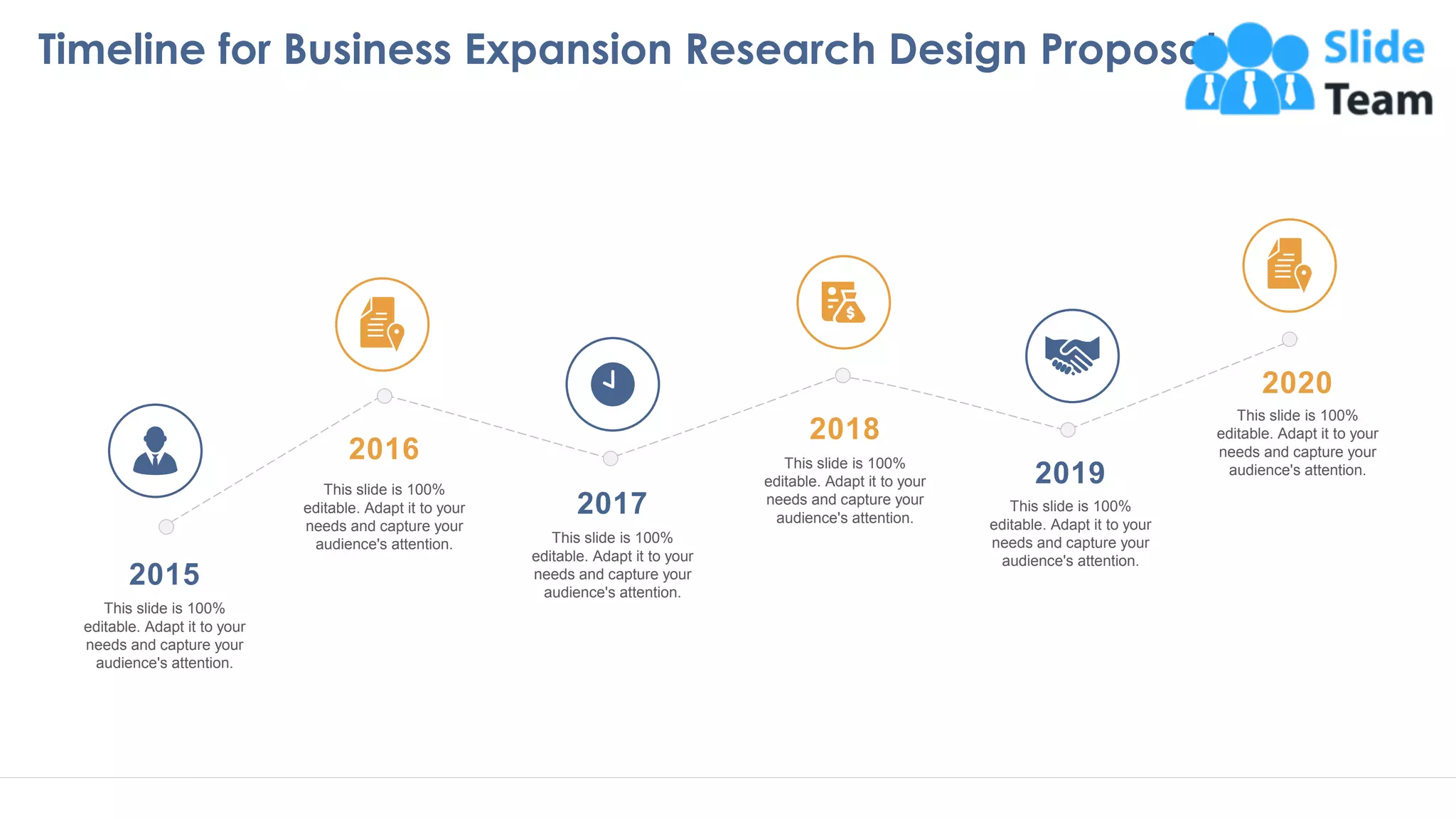Timeline for Business Expansion Research Design Proposal
34
This slide is 100%
editable. Adapt it to your
needs and capture your
audience's attention.
This slide is 100%
editable. Adapt it to your
needs and capture your
audience's attention. This slide is 100%
editable. Adapt it to your
needs and capture your
audience's attention.
This slide is 100%
editable. Adapt it to your
needs and capture your
audience's attention.
This slide is 100%
editable. Adapt it to your
needs and capture your
audience's attention.
This slide is 100%
editable. Adapt it to your
needs and capture your
audience's attention.
2015
2016
2017
2018
2019
2020
 