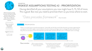 ASSUMPTIONS
RISKIEST ASSUMPTIONS TESTING #2 - PRIORITIZATION
Having identiﬁed all your assumptions you now might have 5, 15, 50 of more.
This is good. But now you need to prioritize them so you know where to start.
STEP 2 - PRIORITIZATION
Riskiest assumptions testing
moves your learning from being
extrinsic to your customer
interactions to being a part of
them. You co-create your
solutions with the customer in
real-time.
Suggested resources:
The MVP is dead,
long live the RAT
“There is not a lack of
ideas, but ideas
management”
- Florian Hunger-Reichardt -
“Data precedes framework” - Dave Snowden
There is no correct way to priortize assumptions. I personally see the best result when the team just starts organizing the
assumptions from left to right or top to bottom. As some consensus and logic starts to emerge the team discusses why
they ﬁnd one assumption to be more important than the other and from that discussion a framework starts to emerge.
Please remember: When scoring an assumption
you are creating an assumption
about an assumption
The prioritization is just there to support
your teams discussion on where to
start. The team can choose any
assumption to do next no matter the
prioritization
Your list of assumptions are a living
document. Anyone, anywhere can at
any time suggest new assumptions and
ad them to the prioritization.
EXAMPLE:
del
365
As a small business
owner I am
motivated by a more
environmentally
sustainable future
As a small business
owner I am
committed to
perform operational
measures
As a small business
owner I think there
is a lot more to
learn (I don’ t
know everything)
More importantLess important
CUSTOMER
JOB-
STATEMENT:
 