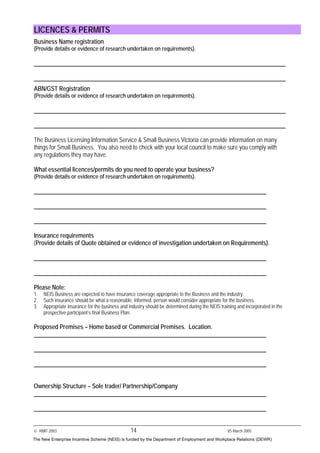 © RMIT 2003 14 V5 March 2005
LICENCES & PERMITS
Business Name registration
(Provide details or evidence of research undertaken on requirements).
ABN/GST Registration
(Provide details or evidence of research undertaken on requirements).
The Business Licensing Information Service & Small Business Victoria can provide information on many
things for Small Business. You also need to check with your local council to make sure you comply with
any regulations they may have.
What essential licences/permits do you need to operate your business?
(Provide details or evidence of research undertaken on requirements).
Insurance requirements
(Provide details of Quote obtained or evidence of investigation undertaken on Requirements).
Please Note:
1. NEIS Business are expected to have insurance coverage appropriate to the Business and the industry.
2. Such insurance should be what a reasonable, informed, person would consider appropriate for the business.
3. Appropriate insurance for the business and industry should be determined during the NEIS training and incorporated in the
prospective participant’s final Business Plan.
Proposed Premises – Home based or Commercial Premises. Location.
Ownership Structure – Sole trader/ Partnership/Company
The New Enterprise Incentive Scheme (NEIS) is funded by the Department of Employment and Workplace Relations (DEWR)
 