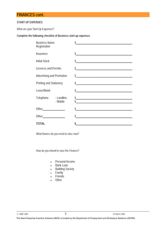 © RMIT 2003 5 V5 March 2005
FINANCES cont.
START UP EXPENSES
What are your Start Up Expenses?
Complete the following checklist of Business start up expenses.
Business Name $
Registration
Insurance $
Initial Stock $
Licences and Permits $
Advertising and Promotion $
Printing and Stationery $
Lease/Bond $
Telephone - Landline $
- Mobile $
Other $
Other $
TOTAL $
What finance do you need to raise now?
How do you intend to raise the Finance?
• Personal Income
• Bank Loan
• Building Society
• Family
• Friends
• Other
The New Enterprise Incentive Scheme (NEIS) is funded by the Department of Employment and Workplace Relations (DEWR)
 