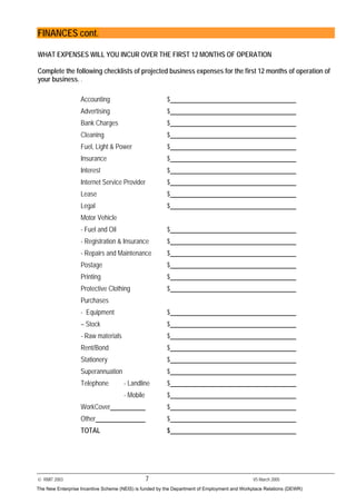 © RMIT 2003 7 V5 March 2005
FINANCES cont.
WHAT EXPENSES WILL YOU INCUR OVER THE FIRST 12 MONTHS OF OPERATION
Complete the following checklists of projected business expenses for the first 12 months of operation of
your business. .
Accounting $
Advertising $
Bank Charges $
Cleaning $
Fuel, Light & Power $
Insurance $
Interest $
Internet Service Provider $
Lease $
Legal $
Motor Vehicle
- Fuel and Oil $
- Registration & Insurance $
- Repairs and Maintenance $
Postage $
Printing $
Protective Clothing $
Purchases
- Equipment $
– Stock $
- Raw materials $
Rent/Bond $
Stationery $
Superannuation $
Telephone - Landline $
- Mobile $
WorkCover $
Other $
TOTAL $
The New Enterprise Incentive Scheme (NEIS) is funded by the Department of Employment and Workplace Relations (DEWR)
 