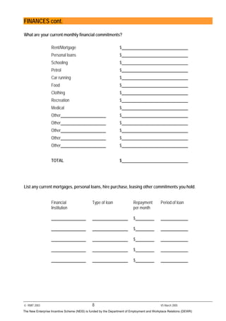© RMIT 2003 8 V5 March 2005
FINANCES cont.
What are your current monthly financial commitments?
Rent/Mortgage $
Personal loans $
Schooling $
Petrol $
Car running $
Food $
Clothing $
Recreation $
Medical $
Other $
Other $
Other $
Other $
Other $
TOTAL $
List any current mortgages, personal loans, hire purchase, leasing other commitments you hold.
Financial Type of loan Repayment Period of loan
Institution per month
$
$
$
$
$
The New Enterprise Incentive Scheme (NEIS) is funded by the Department of Employment and Workplace Relations (DEWR)
 