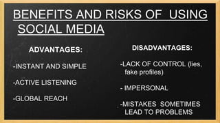 BENEFITS AND RISKS OF USING
SOCIAL MEDIA
ADVANTAGES:
-INSTANT AND SIMPLE
-ACTIVE LISTENING
-GLOBAL REACH

DISADVANTAGES:

-LACK OF CONTROL (lies,
fake profiles)
- IMPERSONAL
-MISTAKES SOMETIMES
LEAD TO PROBLEMS

 