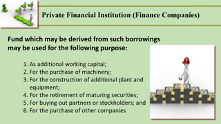 Private Financial Institution (Finance Companies)
Fund which may be derived from such borrowings
may be used for the following purpose:
1. As additional working capital;
2. For the purchase of machinery;
3. For the construction of additional plant and
equipment;
4. For the retirement of maturing securities;
5. For buying out partners or stockholders; and
6. For the purchase of other companies
 