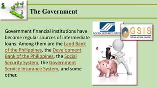 The Government
Government financial institutions have
become regular sources of intermediate
loans. Among them are the Land Bank
of the Philippines, the Development
Bank of the Philippines, the Social
Security System, the Government
Service Insurance System, and some
other.
 