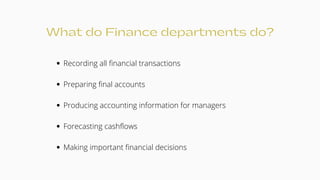What do Finance departments do?
Recording all financial transactions
Preparing final accounts
Producing accounting information for managers
Forecasting cashflows
Making important financial decisions
 