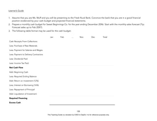 D
E
P
E
D
C
O
P
Y
Learner’s Guide
1. Assume that you are Ms. Muff and you will be presenting to the Fresh Rural Bank. Convince the bank that you are in a good financial
position evidenced by your cash budget and projected financial statements.
2. Prepare a monthly cash budget for Sweet Beginnings Co. for the year ending December 20X6. Start with the monthly sales forecast (Tip:
Forecast sales up to Feb 20X7).
3. The following table format may be used for the cash budget:
135
Jan Feb … Nov Dec Total
Cash Receipts From Collections
Less: Purchase of Raw Materials
Less: Payment for Salaries and Wages
Less: Payment to Delivery Contractors
Less: Dividends Paid
Less: Income Tax Paid
Net Cash Flow
Add: Beginning Cash
Less: Required Ending Balance
Add: Return on Investment (12%)
Less: Interest on Borrowing (16%)
Less: Repayment of Principal
Add: Liquidation of Investment
Required Financing
Excess Cash
This Teaching Guide is a donation by CHED to DepEd. It is for reference purposes only.
 