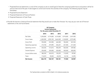 D
E
P
E
D
C
O
P
Y
- Projected financial statements is a tool of the company to set an overall goal of what the company’s performance and position will be for
and as of the end of the year. It sets targets to control and monitor the activities of the company. The following reports may be
forecasted:
‣ Projected Income Statement
‣ Projected Statement of Financial Position
‣ Projected Statement of Cash Flows
• Provide the learners a historical financial statement that they would use to make their forecast. You may use your own set of financial
statements or the one found below.
150
[A] Company
Income Statements
For the years ended December 31
2014 2013 2012 2011 2010
Net Sales 5,250,000 4,770,000 4,310,000 3,910,000 3,547,000
Cost of sales 4,305,000 3,959,100 3,663,500 3,128,000 2,979,480
Gross Profit 945,000 810,900 646,500 782,000 567,520
Operating expenses 314,750 297,890 246,231 221,500 217,538
Operating income 630,250 513,010 400,259 560,500 349,982
Interest Expense 250,000 250,000 250,000 450,000 300,000
Income before taxes 380,250 263,010 150,259 110,500 49,982
Taxes 114,075 78,903 45,078 33,150 14,995
Net Income 266,175 184,107 105,181 77,350 34,987
This Teaching Guide is a donation by CHED to DepEd. It is for reference purposes only.
 
