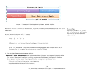 D
E
P
E
D
C
O
P
Y
Figure 1: Corelation of the Operating Cycle and Number of Days
Also, there must be a timeline for the activities, especially since they were allotted a specific time to do
the activity.
• Using the above figures, the CCC will be:
CCC = 20 + 40 – 30 = 30
30 days is the time between the cash outlay and the cash received.
If the CCC is negative, it indicates that the company has excess cash to invest. A CC of -10
indicates that the company has excess cash to invest for 10 days.
5) Discuss the different working capital policies:
• Working Capital Management is the administration and control of the company’s working capital.
The primary objective is to achieve a balance between profitability and risk. Basically, there are
three types of working capital financing policies the management can choose from:
- Maturity-matching working capital financing policy
- Aggressive working capital financing policy
176
Teacher Tips
It should be noted that as the operating
cycle and cash conversion cycle increase,
more funds are tied up in the working
capital accounts.
This Teaching Guide is a donation by CHED to DepEd. It is for reference purposes only.
 