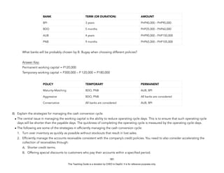 D
E
P
E
D
C
O
P
Y
What banks will be probably chosen by B. Bugay when choosing different policies?
Answer Key:
Permanent working capital = P120,000
Temporary working capital = P300,000 – P 120,000 = P180,000
8) Explain the strategies for managing the cash conversion cycle.
• The central issue in managing the working capital is the ability to reduce operating cycle days. This is to ensure that such operating cycle
days will be shorter than the payable days. The quickness of completing the operating cycle is measured by the operating cycle days.
• The following are some of the strategies in efficiently managing the cash conversion cycle:
1. Turn over inventory as quickly as possible without stockouts that result in lost sales.
2. Efficiently manage the accounts receivable consistent with the company’s credit policies. You need to also consider accelerating the
collection of receivables through:
A. Shorter credit terms.
B. Offering special discounts to customers who pay their accounts within a specified period.
181
BANK TERM (OR DURATION) AMOUNT
BPI 3 years PHP40,000 - PHP90,000
BDO 5 months PHP25,000 - PHP60,000
AUB 4 years PHP90,000 - PHP150,000
PNB 9 months PHP65,000 - PHP105,000
POLICY TEMPORARY PERMANENT
Maturity-Matching BDO, PNB AUB, BPI
Aggressive BDO, PNB All banks are considered
Conservative All banks are considered AUB, BPI
This Teaching Guide is a donation by CHED to DepEd. It is for reference purposes only.
 