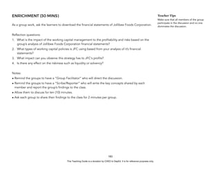 D
E
P
E
D
C
O
P
Y
ENRICHMENT (30 MINS)
As a group work, ask the learners to download the financial statements of Jollibee Foods Corporation.
Reflection questions:
1. What is the impact of the working capital management to the profitability and risks based on the
group’s analysis of Jollibee Foods Corporation financial statements?
2. What types of working capital policies is JFC using based from your analysis of it’s financial
statements?
3. What impact can you observe this strategy has to JFC's profits?
4. Is there any effect on the riskiness such as liquidity or solvency?
Notes:
• Remind the groups to have a “Group Facilitator” who will direct the discussion.
• Remind the groups to have a “Scribe/Reporter” who will write the key concepts shared by each
member and report the group’s findings to the class.
• Allow them to discuss for ten (10) minutes.
• Ask each group to share their findings to the class for 2 minutes per group.
183
Teacher Tips
Make sure that all members of the group
participate in the discussion and no one
dominates the discussion.
This Teaching Guide is a donation by CHED to DepEd. It is for reference purposes only.
 