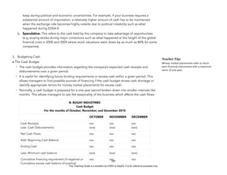 D
E
P
E
D
C
O
P
Y
keep during political and economic uncertainties. For example, if your business requires a
substantial amount of importation, a relatively higher amount of cash has to be maintained
when the exchange rate becomes highly volatile due to political instability such as what
happened during EDSA II.
b. Speculative. This refers to the cash held by the company to take advantage of opportunities
(e.g. buying stocks during major corrections such as what happened at the height of the global
financial crisis in 2008 and 2009 where stock valuations went down by as much as 80% for some
companies).
3. Budgeting Cash
• The Cash Budget
- The cash budget provides information regarding the company’s expected cash receipts and
disbursements over a given period.
- It is useful for identifying future funding requirements or excess cash within a given period. This
allows managers to find possible sources of financing if the cash budget shows cash shortage or
identify appropriate tenors for money market placements for excess cash.
- Normally, a cash budget is prepared for a one year period broken down into smaller intervals like
months. This allows managers to see the seasonality of the business which affects the cash flows.
187
B. BUGAY INDUSTRIES
Cash Budget
For the months of October, November, and December 2015
OCTOBER NOVEMBER DECEMBER
Cash Receipts
Less: Cash Disbursements
xxx
(xxx)
xxx
(xxx)
xxx
(xxx)
Net Cash Flows xxx xxx xxx
Add: Beginning Cash Balance xxx xxx xxx
Ending Cash xxx xxx xxx
Less: Minimum cash balance (xxx) (xxx) (xxx)
Cumulative financing requirement (if negative) or
Cumulative excess cash balance (if positive)
xxx xxx xxx
Teacher Tips
Money market placements refer to short-
term financial instruments with a maximum
tenor of one year.
This Teaching Guide is a donation by CHED to DepEd. It is for reference purposes only.
 