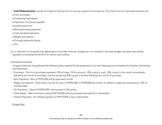 D
E
P
E
D
C
O
P
Y
- Cash Disbursements include all outlays of cash by the firm during a given financial period. The most common cash disbursements are:
• Cash purchases
• Purchasing fixed assets
• Payments of accounts payable
• Interest payments
• Rent (and lease) payments
• Cash dividend payments
• Wages and salaries
• Principal payments (loans)
• Tax
• It is important to recognize that depreciation and other noncash charges are not included in the cash budget, because they merely
represent a scheduled write-off of an earlier cash outflow.
• Illustrative Example:
Jungaya Industries has gathered the following data needed for the preparation of a cash disbursements schedule for October, November,
and December.
- Purchases - The firm’s purchases represent 70% of sales. Of this amount, 10% is paid in cash, 70% is paid in the month immediately
following the month of purchase, and the remaining 20% is paid 2 months following the month of purchase.
- Rent Payments - Rent of PHP5,000 will be paid each month.
- Wages and Salaries - Fixed salary cost for the year is PHP96,000, or PHP8,000 per month. In addition, wages are estimated as 10% of
monthly sales.
- Tax Payments - Taxes of PHP25,000 must be paid in December.
- Fixed Assets - New machinery costing PHP130,000 will be purchased and paid for in November.
- Interest Payments - An interest payment of PHP10,000 is due in December.
Answer Key:
189
This Teaching Guide is a donation by CHED to DepEd. It is for reference purposes only.
 