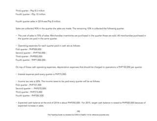 D
E
P
E
D
C
O
P
Y
Third quarter - Php 8.5 million
Fourth quarter - Php 10 million
Fourth quarter sales in 2014 was Php 8 million.
Sales are collected 90% in the quarter the sales are made. The remaining 10% is collected the following quarter.
- The cost of sales is 75% of sales. Merchandise inventories are purchased in the quarter these are sold. All merchandise purchased in
the quarter are paid in the same quarter.
- Operating expenses for each quarter paid in cash are as follows:
First quarter - PHP500,000
Second quarter - -PHP750,000
Third quarter - PHP850,000
Fourth quarter - PHP1,000,000
On top of these cash operating expenses, depreciation expenses that should be charged to operations is PHP150,000 per quarter.
- Interest expense paid every quarter is PHP75,000.
- Income tax rate is 30%. The income taxes to be paid every quarter will be as follows:
First quarter - PHP157,500
Second quarter - - PHP270,000
Third quarter - PHP315,000
Fourth quarter - PHP382,500
- Expected cash balance at the end of 2014 is about PHP350,000. For 2015, target cash balance is raised to PHP500,000 because of
expected increase in sales.
192
This Teaching Guide is a donation by CHED to DepEd. It is for reference purposes only.
 