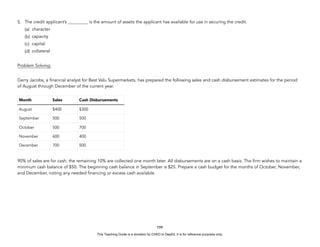 D
E
P
E
D
C
O
P
Y
5. The credit applicant’s _________ is the amount of assets the applicant has available for use in securing the credit.
(a) character
(b) capacity
(c) capital
(d) collateral
Problem Solving:
Gerry Jacobs, a financial analyst for Best Valu Supermarkets, has prepared the following sales and cash disbursement estimates for the period
of August through December of the current year.
90% of sales are for cash, the remaining 10% are collected one month later. All disbursements are on a cash basis. The firm wishes to maintain a
minimum cash balance of $50. The beginning cash balance in September is $25. Prepare a cash budget for the months of October, November,
and December, noting any needed financing or excess cash available.
199
Month Sales Cash Disbursements
August $400 $300
September 500 500
October 500 700
November 600 400
December 700 500
This Teaching Guide is a donation by CHED to DepEd. It is for reference purposes only.
 
