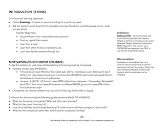 D
E
P
E
D
C
O
P
Y
INTRODUCTION (15 MINS)
Communicate learning objectives
• Define financing - It means to provide funding for a particular need.
• Ask the students what they think the possible sources of funds for a small business are (i.e. small
sari-sari store).
Sample Responses:
• Equity Infusion from investors/business partners
• Start-up capital from owner
• Loan from a bank
• Loan from other financial institutions, etc.
• Loan from family members/friends, etc.
MOTIVATION/ENRICHMENT (20 MINS)
1. Ask the students to read news articles relating to financing used by companies.
• Possible articles: (see APPENDIX)
• Filinvest Land raises P8 billion from debt sale. (2015). InterAksyon.com. Retrieved 5 April
2016, from http://www.interaksyon.com/business/116404/filinvest-land-raises-php8-b-from-
bond-issue-to-boost-recurring-business
• Jonsson, A. (2013). JG Summit raises $200 million from placement. FinanceAsia. Retrieved 5
April 2016, from http://www.financeasia.com/News/365482,jg-summit-raises-200-million-
from-placement.aspx
• Companies can choose between two sources of financing, either debt or equity.
2. Discuss the articles using the following guide questions (EASY TO AVERAGE):
• What are the subject companies? What are their main activities?
• What do they need financing for?
• How much did they raise through financing? In what manner did they manage to raise funds?
• What are the companies’ plans after achieving their proposed funding?
202
Definitions:
Settlement Risk – risk that the bank may
not be able to give back their deposit.
Philippine banks are normally insured by the
Philippine Deposit Insurance Corporation
(PDIC). Depositors may recover up to
PHP500,000 per depositor from PDIC in
case of bank default/bankruptcy.
Misconceptions:
Emphasize to the students that it is a
common misconception that all of these
investments will earn for certain. Clarify that
each investment type has inherent risks
involved, which nevertheless can be
mitigated.
This Teaching Guide is a donation by CHED to DepEd. It is for reference purposes only.
 