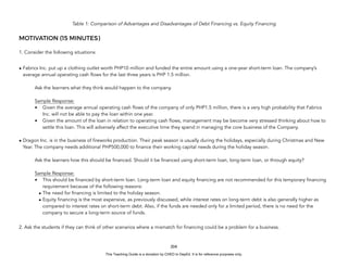 D
E
P
E
D
C
O
P
Y
Table 1: Comparison of Advantages and Disadvantages of Debt Financing vs. Equity Financing
MOTIVATION (15 MINUTES)
1. Consider the following situations:
• Fabrics Inc. put up a clothing outlet worth PHP10 million and funded the entire amount using a one-year short-term loan. The company’s
average annual operating cash flows for the last three years is PHP 1.5 million.
Ask the learners what they think would happen to the company.
Sample Response:
• Given the average annual operating cash flows of the company of only PHP1.5 million, there is a very high probability that Fabrics
Inc. will not be able to pay the loan within one year.
• Given the amount of the loan in relation to operating cash flows, management may be become very stressed thinking about how to
settle this loan. This will adversely affect the executive time they spend in managing the core business of the Company.
• Dragon Inc. is in the business of fireworks production. Their peak season is usually during the holidays, especially during Christmas and New
Year. The company needs additional PHP500,000 to finance their working capital needs during the holiday season.
Ask the learners how this should be financed. Should it be financed using short-term loan, long-term loan, or through equity?
Sample Response:
• This should be financed by short-term loan. Long-term loan and equity financing are not recommended for this temporary financing
requirement because of the following reasons:
• The need for financing is limited to the holiday season.
• Equity financing is the most expensive, as previously discussed, while interest rates on long-term debt is also generally higher as
compared to interest rates on short-term debt. Also, if the funds are needed only for a limited period, there is no need for the
company to secure a long-term source of funds.
2. Ask the students if they can think of other scenarios where a mismatch for financing could be a problem for a business.
204
This Teaching Guide is a donation by CHED to DepEd. It is for reference purposes only.
 