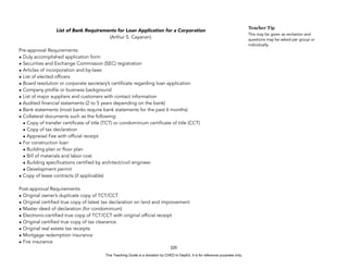 D
E
P
E
D
C
O
P
Y
List of Bank Requirements for Loan Application for a Corporation
(Arthur S. Cayanan)
Pre-approval Requirements:
• Duly accomplished application form
• Securities and Exchange Commission (SEC) registration
• Articles of incorporation and by-laws
• List of elected officers
• Board resolution or corporate secretary’s certificate regarding loan application
• Company profile or business background
• List of major suppliers and customers with contact information
• Audited financial statements (2 to 5 years depending on the bank)
• Bank statements (most banks require bank statements for the past 6 months)
• Collateral documents such as the following:
• Copy of transfer certificate of title (TCT) or condominium certificate of title (CCT)
• Copy of tax declaration
• Appraisal Fee with official receipt
• For construction loan
• Building plan or floor plan
• Bill of materials and labor cost
• Building specifications certified by architect/civil engineer
• Development permit
• Copy of lease contracts (if applicable)
Post-approval Requirements:
• Original owner’s duplicate copy of TCT/CCT
• Original certified true copy of latest tax declaration on land and improvement
• Master deed of declaration (for condominium)
• Electronic-certified true copy of TCT/CCT with original official receipt
• Original certified true copy of tax clearance
• Original real estate tax receipts
• Mortgage redemption insurance
• Fire insurance
220
Teacher Tip
This may be given as recitation and
questions may be asked per group or
individually.
This Teaching Guide is a donation by CHED to DepEd. It is for reference purposes only.
 
