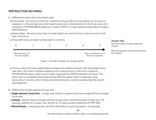 D
E
P
E
D
C
O
P
Y
INSTRUCTION (60 MINS)
A. Differentiate future value and present value.
• Future Value - the amount to which an investment will grow after earning interest. In our previous
examples, it is the principal plus total interest earned over a stated period. So the future value of an
investment of PHP500,000.00 yielding an interest of 8% for a 5-year period compounded annually is
PHP734,664.04.
• Present Value - the amount you have to invest today if you want to have a certain amount of cash
flow in the future.
• These definitions can better be illustrated in a timeline.
Figure 1: Growth of Value over 5-year period
• The time value of money analysis helps managers and investors compare cash flows today versus
cash flow in the future. It answers questions such as what amount in the future is equal to
PHP500,000.00 today or what amount today is equivalent to PHP734,664.04 in the future. The
future value is computed using compounding while the present value is computed using
discounting. In practice, when making investment decisions, investors usually adopt the present
value approach.
B. Differentiate the basic patterns of cash flow.
• Single Amount (Lump Sum) - a single cash outflow is made and the total receipts will be at a single
future date.
• Annuity - periodic stream of equal cash flow at equal time intervals (annually, monthly, etc.). For
example, payment for a certain item shall be for 12 equal monthly instalments of PHP1,000.
• Mixed Stream - unequal periodic cash flows that reflect no particular pattern. For example,
228
Teacher Tips
Show the timeline to better explain the
concept.
Write the equations on the board and solve
the problems.
Initial Investment T-0
(PV): Php 500,000
Value of investment at T-5
(FV): Php 734,664.04
0 5
3 4
1 2
This Teaching Guide is a donation by CHED to DepEd. It is for reference purposes only.
 