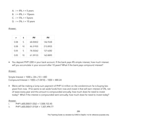 D
E
P
E
D
C
O
P
Y
A. r = 8%, t = 5 years
B. r = 8%, t = 10years
C. r = 5%, t = 5years
D. r = 5%, t = 10 years
Answer:
• You deposit PHP1,000 in your bank account. If the bank pays 4% simple interest, how much interest
will you accumulate in your account after 10 years? What if the bank pays compound interest?
Answer:
Simple Interest = 1000 x .04 x 10 = 400
Compound Interest = 1000 x (1.0410) – 1000 = 480.24
• Mario will be making a lump sum payment of PHP1.6 million on the condominium he is buying two
years from now. If he wants to set aside funds from now and invest it that will earn interest of 3%, net
of taxes every year and this amount is compounded annually, how much does he need to invest
today? What if the interest is compounded semi-annually, how much does he need to invest today?
Answer:
i. PHP1,600,000/(1.03)2 = 1,508,153.45
ii. PHP1,600,000/(1.015)4 = 1,507,494.77
250
r t PV FV
0.08 5 68.05832 146.9328
0.08 10 46.31935 215.8925
0.05 5 78.35262 127.6282
0.05 10 61.39133 162.8895
This Teaching Guide is a donation by CHED to DepEd. It is for reference purposes only.
 