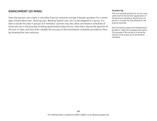 D
E
P
E
D
C
O
P
Y
ENRICHMENT (20 MINS)
Have the learners visit a bank or any other financial institution and get a sample quotation for a certain
type of loans (Auto-loan, Housing Loan, Working Capital Loan, etc.) to be assigned to a group. It is
best to divide the class in groups of 5 members. Learners may also utilize amortization schedules of
those who are in the business of selling apartments/condominiums. Have them discuss the specifics of
the loan in class, and have them validate the accuracy of the amortization schedules provided to them
by showing their own solutions.
265
Teacher tip
This is an optional activity, but can be a very
useful tool for the learners’ appreciation of
the learning competency. Should time not
permit it, increase the time allotted for the
practice exercises.
Give the learners ample time beforehand to
be able to collect the necessary information.
The purpose of this activity is to show the
learners of the actual use of amortization
schedules.
This Teaching Guide is a donation by CHED to DepEd. It is for reference purposes only.
 