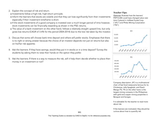 D
E
P
E
D
C
O
P
Y
2. Explain the concept of risk and return.
• Investments follow a high-risk, high-return principle.
• Inform the learners that stocks are volatile and that they can lose significantly from their investments
especially if their investment timeframe is short.
• If the stock investments of a good company is invested over a much longer period of time however,
stock investments can be financially rewarding as shown in the PSEi returns.
• The value of a bank investment on the other hand, follows a relatively straight upward line, but only
gives low returns (CAGR of 3.4% for the period 2004-2014) due to the low risk taken by the investor.
3. Discuss that some will choose bank time deposit and others will prefer stocks. Emphasize that there
is no right or wrong answer because the choice of an investor depends not just on returns but also
on his/her risk appetite.
4. Ask the learners: If they have savings, would they put it in stocks or in a time deposit? Survey the
students by asking them to raise their hands on the option they prefer.
5. Ask the learners: If there is a way to measure the risk, will it help them decide whether to place their
money in an investment or not?
303
Teacher Tips:
Optional: Illustrate how the learners’
PHP10,000 could have changed value over
time if placed in Jollibee Foods Corp.
(“JFC”) and Philex Mining Corporation
(“PX”).
Company description: JFC is a multinational
chain of fast food restaurants famous for its
Chickenjoy, Jolly Spaghetti, and Peach
Mango Pie. PX on the other hand, is the
largest mining company in the Philippines
with gold and copper mining properties in
Benguet and Surigao.
It is advisable for the teacher to read more
about risk.
If the learners are motivated, they should be
curious about how to quantify risk.
This Teaching Guide is a donation by CHED to DepEd. It is for reference purposes only.
 