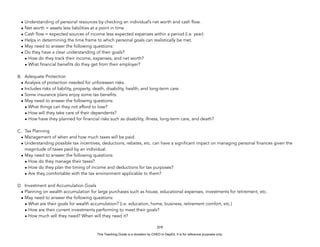 D
E
P
E
D
C
O
P
Y
• Understanding of personal resources by checking an individual’s net worth and cash flow.
• Net worth = assets less liabilities at a point in time
• Cash flow = expected sources of income less expected expenses within a period (i.e. year)
• Helps in determining the time frame to which personal goals can realistically be met.
• May need to answer the following questions:
• Do they have a clear understanding of their goals?
• How do they track their income, expenses, and net worth?
• What financial benefits do they get from their employer?
B. Adequate Protection
• Analysis of protection needed for unforeseen risks.
• Includes risks of liability, property, death, disability, health, and long-term care.
• Some insurance plans enjoy some tax benefits.
• May need to answer the following questions:
• What things can they not afford to lose?
• How will they take care of their dependents?
• How have they planned for financial risks such as disability, illness, long-term care, and death?
C. Tax Planning
• Management of when and how much taxes will be paid.
• Understanding possible tax incentives, deductions, rebates, etc. can have a significant impact on managing personal finances given the
magnitude of taxes paid by an individual.
• May need to answer the following questions:
• How do they manage their taxes?
• How do they plan the timing of income and deductions for tax purposes?
• Are they comfortable with the tax environment applicable to them?
D. Investment and Accumulation Goals
• Planning on wealth accumulation for large purchases such as house, educational expenses, investments for retirement, etc.
• May need to answer the following questions:
• What are their goals for wealth accumulation? (i.e. education, home, business, retirement comfort, etc.)
• How are their current investments performing to meet their goals?
• How much will they need? When will they need it?
319
This Teaching Guide is a donation by CHED to DepEd. It is for reference purposes only.
 