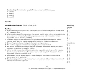 D
E
P
E
D
C
O
P
Y
Based on the profit maximization goal, the financial manager would choose _____.
A. Asset 1.
B. Asset 2.
C. Asset 3.
D. Asset 4.
Appendix
Test Bank - Goal of the Firm (Gitman & Zutter, 2012)
True/False
1. High cash flow is generally associated with a higher share price whereas higher risk tends to result
in a lower share price.
2. When considering each financial decision alternative or possible action in terms of its impact on the
share price of the firm's stock, financial managers should accept only those actions that are
expected to increase the firm's profitability.
3. To achieve the goal of profit maximization for each alternative being considered, the financial
manager would select the one that is expected to result in the highest monetary return.
4. Dividend payments change directly with changes in earnings per share.
5. The wealth of corporate owners is measured by the share price of the stock.
6. Risk and the magnitude and timing of cash flows are the key determinants of share price, which
represents the wealth of the owners in the firm.
7. _When considering each financial decision alternative or possible action in terms of its impact on
the share price of the firm's stock, financial managers should accept only those actions that are
expected to maximize shareholder value.
8. An increase in firm risk tends to result in a higher share price since the stockholder must be
compensated for the greater risk.
9. Stockholders expect to earn higher rates of return on investments of lower risk and lower rates of
return on investments of higher risk.
29
Answer Key
True/False
1. T
2. F
3. T
4. F
5. T
6. T
7. T
8. F
9. F
Multiple Choice
1. C
2. B
3. C
4. D
5. C
6. A
7. C
8. B
9. B
10. B
11. A
12. D
13. B
14. A
This Teaching Guide is a donation by CHED to DepEd. It is for reference purposes only.
 