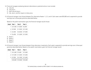 D
E
P
E
D
C
O
P
Y
12. Financial managers evaluating decision alternatives or potential actions must consider
A. only risk.
B. only return.
C. both risk and return.
D. risk, return, and the impact on share price.
13. A financial manager must choose between four alternative Assets: 1, 2, 3, and 4. Each asset costs $35,000 and is expected to provide
earnings over a three-year period as described below.
Based on the profit maximization goal, the financial manager would choose
A. Asset 1.
B. Asset 2.
C. Asset 3.
D. Asset 4.
14. A financial manager must choose between three alternative investments. Each asset is expected to provide earnings over a three-year
period as described below. Based on the wealth maximization goal, the financial manager would
32
Asset Year 1 Year 2 Year 3
1 $ 21,000 $ 15,000 $ 6,000
2 $ 9,000 $ 15,000 $ 21,000
3 $ 3,000 $ 20,000 $ 19,000
4 $ 6,000 $ 12,000 $ 12,000
Asset Year 1 Year 2 Year 3
1 $ 21,000 $ 9,000 $ 15,000
2 $ 15,000 $ 15,000 $ 15,000
3 $ 9,000 $ 21,000 $ 15,000
$ 45,000 $ 45,000 $ 45,000
This Teaching Guide is a donation by CHED to DepEd. It is for reference purposes only.
 