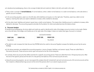 D
E
P
E
D
C
O
P
Y
• In double-entry bookkeeping, there is the concept of debit (dr) and credit (cr). Debit is the left, and credit is the right.
• There is also a concept of normal balances. A normal balance, either a debit normal balance or a credit normal balance, is the side where a
specific account increases.
• In the accounting equation, asset is on the left side, while liabilities and equity is on the right side. Therefore, asset has a debit normal
balance, meaning that cash as an asset is debited to increase, while credited to decrease.
• On the other hand, liabilities and owners’ equity have a credit normal balance. This means that a liability account is credited to increase, while
debited to decrease. The accounting equation provides the foundation for what eventually becomes the balance sheet.
2. T-Account Analysis
In double-entry bookkeeping, the terms debit and credit are used to identify which side of the ledger account an entry is to be made. Debits
are on the left side of the ledger and Credits are on the right side of the ledger. It does not matter what type of account is involved.
• The debit to cash increases the Cash Account by PHP500 while the credit to Accounts Payable increases this liability account by the same
PHP500.
• In the above example, we analyzed the accounting equation in terms of assets, liabilities, and owners’ equity. These are called Real or
Permanent Accounts. These accounts remain open and active for the life of the enterprise.
• In contrast, there are accounts that reflect activities for a specific accounting period. These are called Nominal or Temporary Accounts. After
the end of the specific period and the start of a new period, the balance of the nominal accounts are zero.
• Using the accounting equation, we can now expand the analysis that will include both real and nominal accounts. All nominal accounts will be
then closed to a Retained Earnings account at the end of the period, which is an owner’s equity account.
40
CASH
DEBIT (DR) CREDIT (CR)
Php 500.00
ACCOUNTS PAYABLE
DEBIT (DR) CREDIT (CR)
Php 500.00
This Teaching Guide is a donation by CHED to DepEd. It is for reference purposes only.
 