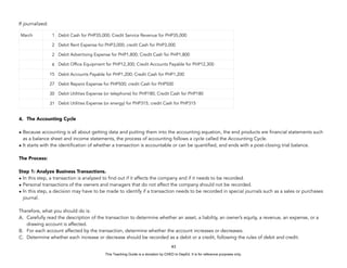 D
E
P
E
D
C
O
P
Y
If journalized:
4. The Accounting Cycle
• Because accounting is all about getting data and putting them into the accounting equation, the end products are financial statements such
as a balance sheet and income statements, the process of accounting follows a cycle called the Accounting Cycle.
• It starts with the identification of whether a transaction is accountable or can be quantified, and ends with a post-closing trial balance.
The Process:
Step 1: Analyze Business Transactions.
• In this step, a transaction is analyzed to find out if it affects the company and if it needs to be recorded.
• Personal transactions of the owners and managers that do not affect the company should not be recorded.
• In this step, a decision may have to be made to identify if a transaction needs to be recorded in special journals such as a sales or purchases
journal.
Therefore, what you should do is:
A. Carefully read the description of the transaction to determine whether an asset, a liability, an owner’s equity, a revenue, an expense, or a
drawing account is affected.
B. For each account affected by the transaction, determine whether the account increases or decreases.
C. Determine whether each increase or decrease should be recorded as a debit or a credit, following the rules of debit and credit.
43
March 1 Debit Cash for PHP35,000; Credit Service Revenue for PHP35,000
2 Debit Rent Expense for PHP3,000; credit Cash for PHP3,000
2 Debit Advertising Expense for PHP1,800; Credit Cash for PHP1,800
6 Debit Office Equipment for PHP12,300; Credit Accounts Payable for PHP12,300
15 Debit Accounts Payable for PHP1,200; Credit Cash for PHP1,200
27 Debit Repairs Expense for PHP500; credit Cash for PHP500
30 Debit Utilities Expense (or telephone) for PHP180; Credit Cash for PHP180
31 Debit Utilities Expense (or energy) for PHP315; credit Cash for PHP315
This Teaching Guide is a donation by CHED to DepEd. It is for reference purposes only.
 