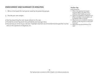 D
E
P
E
D
C
O
P
Y
ENRICHMENT AND SUMMARY (15 MINUTES)
1. Write on the board the main points raised by the presenting groups.
2. Provide your own analysis.
• Start by pinpointing the main issues relevant to the case.
• Provide the correct figures for the profitability and leverage ratios.
• Discuss how you arrive at your decision. Highlight important recommendations/changes that must be
done to the operations of Zapatoes, Inc.
59
Teacher Tip:
Guide Questions:
1. What is the Zapatoes Inc’s capital
structure? What is the effect of an
additional debt? Additional equity?
2. Assess the profitability of Zapatoes Inc’s.
What is the effect of issuing debt to its
profitability? Effect of equity?
3. What factors are considered in deciding
whether to take long-term or short-term
financing?
4. What financing should Anthony Cruz
take?
This Teaching Guide is a donation by CHED to DepEd. It is for reference purposes only.
 