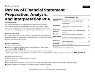 D
E
P
E
D
C
O
P
Y
Business Finance
Review of Financial Statement
Preparation, Analysis,
and Interpretation Pt.4
Content Standards
The learners demonstrate an understanding of the process of preparing
financial statements as well as the methods or tools of analysis of financial
statements, including horizontal analysis, vertical analysis, and financial ratios
to test the level of liquidity, solvency, profitability, and stability of the business.
Performance Standards
The learners will be able to solve exercises and problems that require financial
statement preparation, analysis, and interpretation using horizontal and vertical
analyses, and various financial ratios.
Learning Competencies
The learners shall be able to:
• Define the measurement levels, namely, liquidity, solvency, stability, and
profitability. (ABM_BF12-IIIb-7)
• Compute, analyze, and interpret financial ratios such as current ratio, working
capital, gross profit ratio, net profit ratio, receivable turnover, inventory turnover, debt-to-equity ratio, and the like. (ABM_BF12-IIIb-9)
Specific Learning Outcomes
At the end of the lesson, the learners will be able to:
• Define profitability.
• Solve profitability ratios (return on equity, return on assets, gross profit margin, operating profit margin, net profit margin).
• Analyze, interpret, and compare the profitability ratios of sample companies.
68
120MINS
LESSON OUTLINE
Introduction
/Review
Introduce the learning objectives and
review the concept of ‘profit’ and
computation.
15
Motivation Ask learners to give real-life business
examples.
20
Instruction/
Delivery
Define profitability ratios and solve sample
problems.
25
Practice Board work/exercises and presentation 10
Enrichment Analyze and interpret profitability ratios for
various companies from different industries.
30
Evaluation Additional exercises 20
Materials calculators, laptops
Resources
(1) Copies of sample financial statements
This Teaching Guide is a donation by CHED to DepEd. It is for reference purposes only.
 