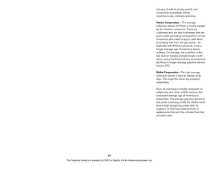 D
E
P
E
D
C
O
P
Y
85
industry. It sells its stocks quickly and
converts its receivables almost
instantaneously, relatively speaking.
Petron Corporation – The average
collection period of Petron is mainly caused
by its industrial customers. These are
customers who are also businesses that are
given credit periods as compared to normal
consumers who need to pay in cash when
purchasing fuel from the gas station. As
expected with Petron’s products, it has a
longer average age of inventory versus
Jollibee. On average, the suppliers in the
fuel and oil industry provide longer credit
terms versus the food industry as evidenced
by Petron’s longer average payment period
(versus JFC).
.
Globe Corporation - The high average
collection period is hard to explain at 83
days. This might be driven by postpaid
subscribers.
Since its inventory is mostly composed of
cellphones and other mobile devices, the
computed average age of inventory is
reasonable. The average payment period is
also quite surprising at 426.52. Globe could
have a high bargaining power with its
suppliers or they have special kinds of
agreements that can’t be inferred from the
provided data.
This Teaching Guide is a donation by CHED to DepEd. It is for reference purposes only.
 