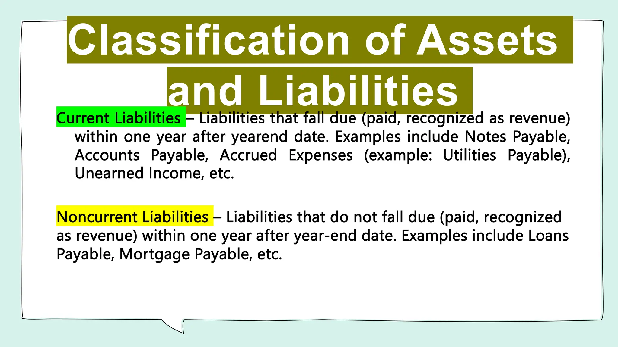Classification of Assets
and Liabilities
Current Liabilities – Liabilities that fall due (paid, recognized as revenue)
within one year after yearend date. Examples include Notes Payable,
Accounts Payable, Accrued Expenses (example: Utilities Payable),
Unearned Income, etc.
Noncurrent Liabilities – Liabilities that do not fall due (paid, recognized
as revenue) within one year after year-end date. Examples include Loans
Payable, Mortgage Payable, etc.
 