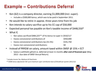 Example – Contributions DeferralKen (62) is a company director, earning $1,000,000 (incl. super). Includes a $500,000 bonus, which was to be paid in September 2011.He would like to retire in approx. three years time from his jobKen intends to salary sacrifice up to his CC cap of $50,000Expected personal tax payable on Ken’s taxable income of $448,550*What if,Ken salary sacrificed $484,225** of his bonus to super in 2010/11?Excess concessional contributions of 		$450,000Excess concessional contributions tax (31.5%):		$141,750Excess non-concessional contributions:		$0Instead of PAYGW on salary, amount taxed within SMSF @ 15% + ECTSalary is withheld upfront vs. deferred at least 11 months after end of financial year (May 2013 - due date of SMSF Annual Return)* Includes Income Tax, Medicare & Flood levies** $500k bonus adjusted for SGC up to maximum super contribution base of $43,820 per quarter (2011/12)