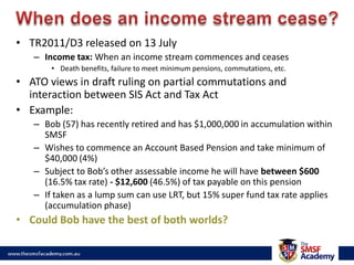 Property DevelopmentUse of a SISR 13.22C trust (ungeared unit trust)Unit Trust is the developer; SMSF is a contributor of capital to the trust (in full or part)Trust acquires land and/or property to developNeed to get capital in ‘up-front’ or would require additional bare trust for further borrowingsunless additional unit holders subscribedBanks unlikely to provide a SMSF Limited Recourse loanRelated Party (BYO lender) loans onlyOnly security allowed by lender are the units in the unit trustATOID 2010/162 – dealing with SMSF on more ‘favourable terms’Do not breach SISR 13.22D requirements