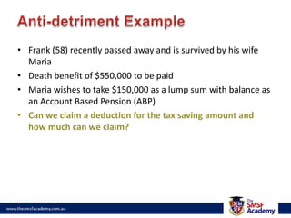 Reason to segregateBoth members in the pension phaseMember A – accumulation phaseMember B – pension phase 1 July 1 June30 June Average value of current pension liabilitiesAverage value of super liabilities Asset sold hereCapital gains tax (ancillary benefit)Different investment strategies (per member or interest)Benefiting from a market recovery 
