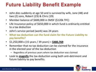 Tax Saving Amount15/55 x $72,056 = $19,652 tax saving amountLump Sum to Maria of $169,652Tax deduction available of $131,013Available under SMSF resources  SMSF calculators on The SMSF Academy website