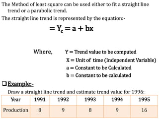 The Method of least square can be used either to fit a straight line
trend or a parabolic trend.
The straight line trend is represented by the equation:-
= Yc = a + bx
Where, Y = Trend value to be computed
X = Unit of time (Independent Variable)
a = Constant to be Calculated
b = Constant to be calculated
Example:-
Draw a straight line trend and estimate trend value for 1996:
Year 1991 1992 1993 1994 1995
Production 8 9 8 9 16
 