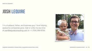 WHO IS LEQUIRE?




JOSH LEQUIRE

I’m a husband, father, and business guy. I love helping
awesome companies grow. Call or write me any time
at josh@lequireconsulting.com or +1 (704) 266-0236.




LEQUIRE BUSINESS CONSULTING (LEQUIRECONSULTING.COM)       BUSINESS FOUNDATIONS 32 • 32
 