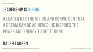 START WITH VISION




Leadership is vision
A leader has the vision and conviction that
a dream can be achieved. He inspires the
power and energy to get it done.

Ralph Lauren
LEQUIRE BUSINESS CONSULTING (LEQUIRECONSULTING.COM)   BUSINESS FOUNDATIONS 4 • 32
 