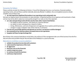 Antoine Zeidan Business Foundations Capstone
Page 46 of 49 ©AntoineZeidan2015
all rights reserved
Scenarios for failure
Please carefully consider the following risk factors. If any of the following risks occur, our business, financialcondition,
operating results, and cash flows could be materially adversely affected. In addition, the currentglobal economic climate
amplifies many of these risks.
 we may experience significant fluctuations inour operating results andgrowthrate
We base our expense levels and assetplans on sales estimates. A important portion of our expenses and investments is fixed,
and we may not be able to adjustour costs quickly enough if our sales are less than expected.
 our sales and operating resultswill alsovary for many other reasons listedbelow:
o Our ability to attract customer , and satisfy our customer demand
o our ability to retain and expand our network of sellers;
o timing, effectiveness, and costs of expansion and upgrades of our systems and infrastructure;
o changes in usage or adoption rates of the Internet, E-commerce
 If we do not successfully optimizeandoperate our services, our businesscouldbe damaged
 the seasonality of our business places increasedstress onour operations
 Snapdeal will Have ForeignExchange Risk
But all these risks scenarios listed above and all other risks will be nil if the management take care of the business fromthe first
day and solve every problem day per day and take all the feedback in a constructiveway.
Main idea to avoid these scenariosof failure:
 validate the product/service ideawithcustomers
 understandthe importance of the team
 be aggressive
 keepyour eyes onthe financials
 sustaina long-termvision
 to continue tobuild the business
 continuous improvement
 